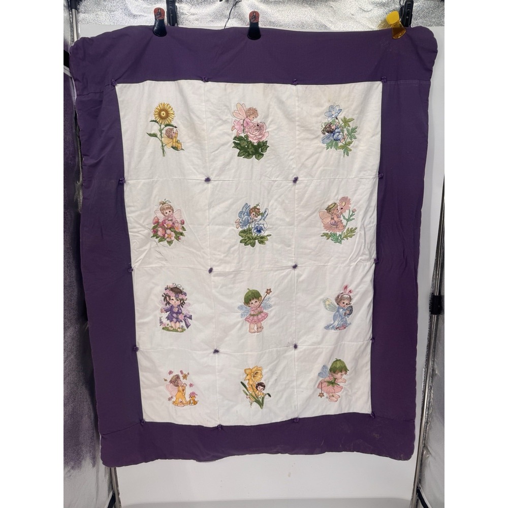 Vintage Handmade Fairy Quilt Embroidered Flower Baby Blanket Purple Cottagecore